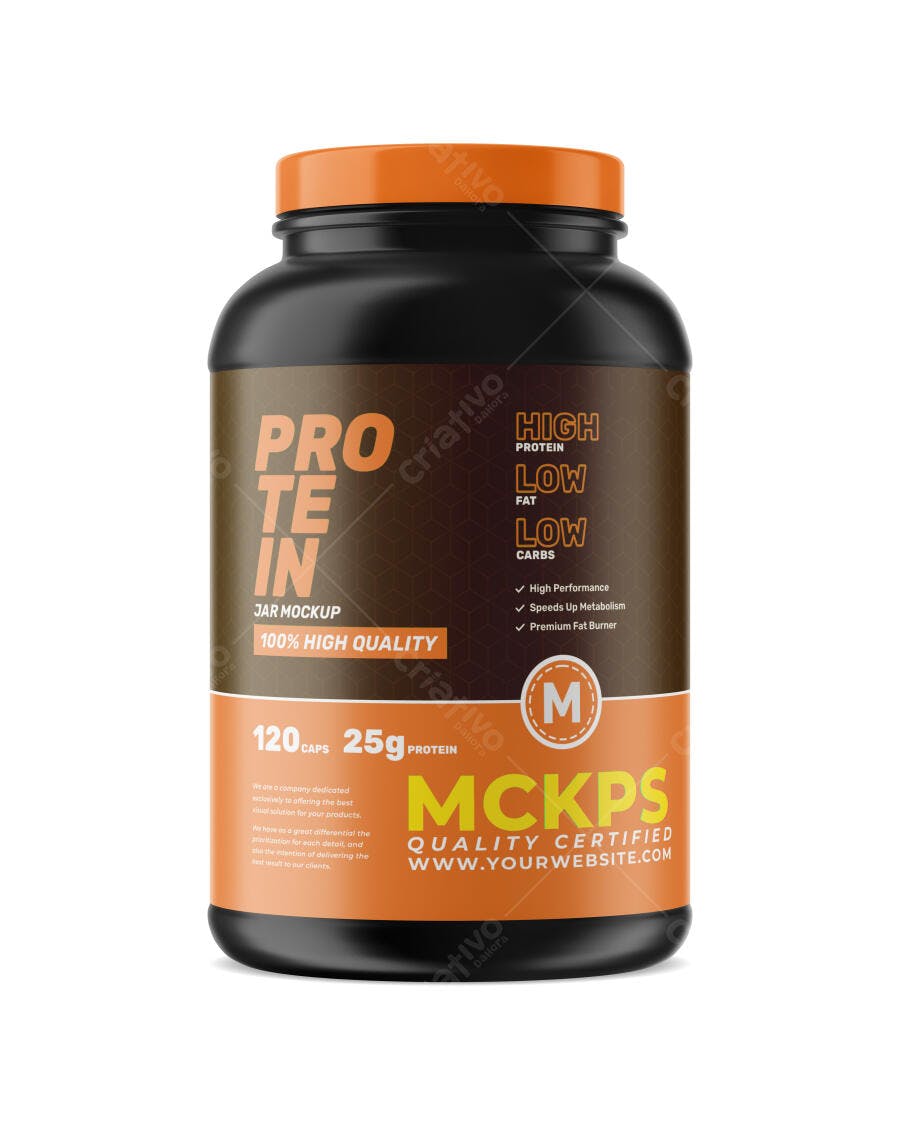 Mockup Pote Suplemento Proteína Preto Laranja Frontal Editável