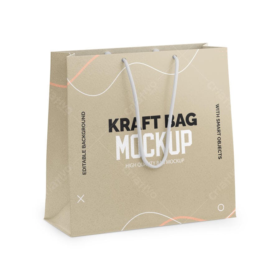 Mockup Sacola Kraft Papel 3/4 Fundo Branco Editável