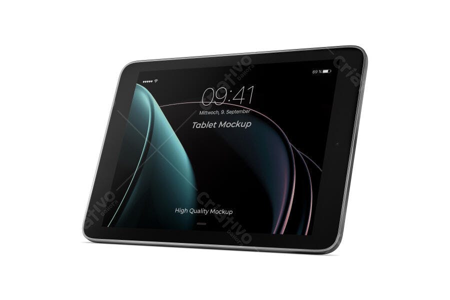Mockup Tablet Preto Fundo Branco Perspectiva Editável
