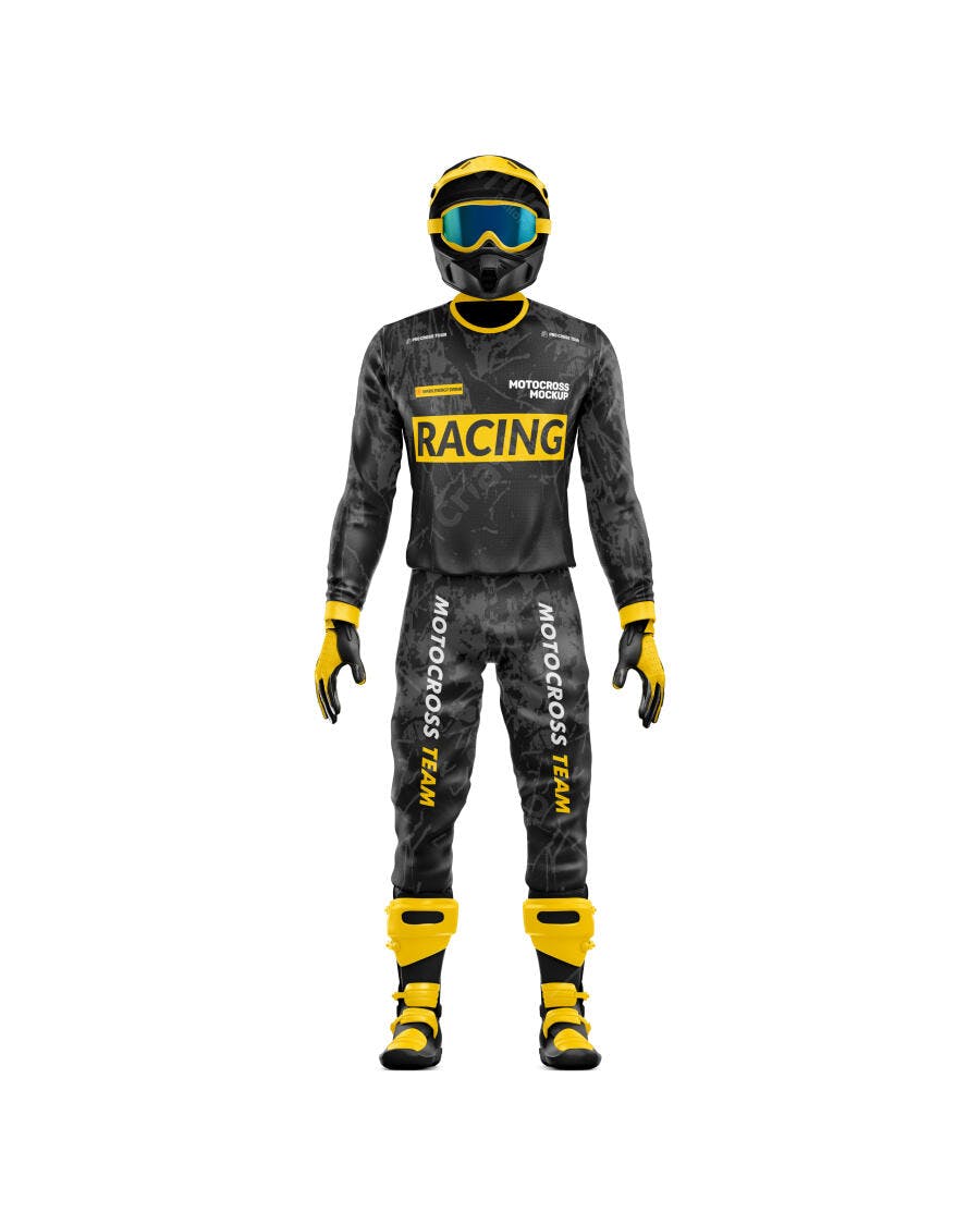Mockup Uniforme Motocross Capacete Luvas Botas Frontal Editável