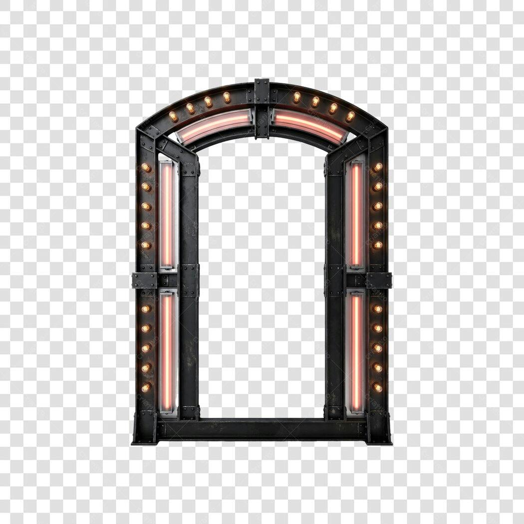 Elemento 3D Arco Metálico Iluminado Neon Retrô PNG Fundo Transparente