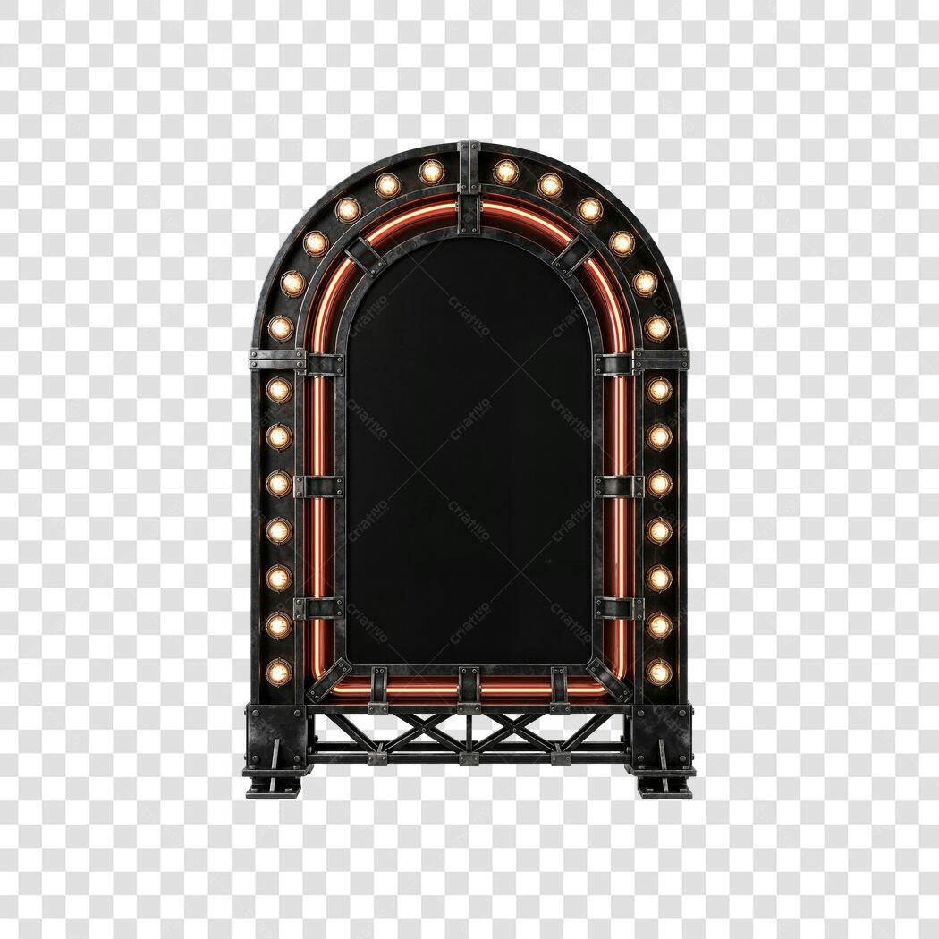 Elemento 3D Painel Neon Retrô Luzes Douradas PNG Fundo Transparente