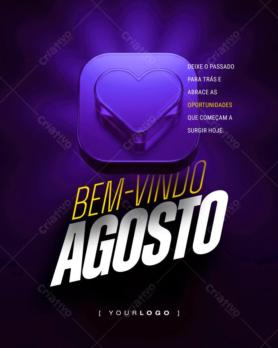Post Bem-Vindo Agosto Coração Roxo PSD Editável