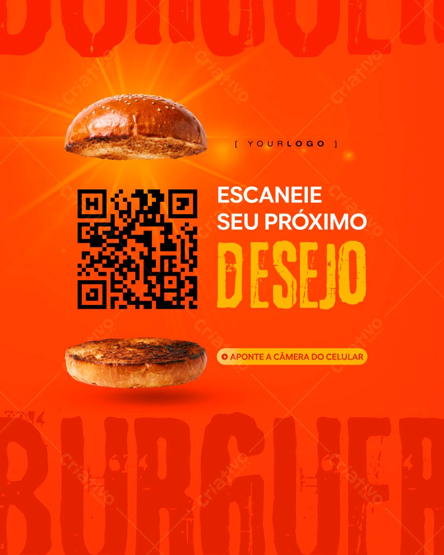 Post Instagram Hamburgueria QR Code Laranja PSD Editável
