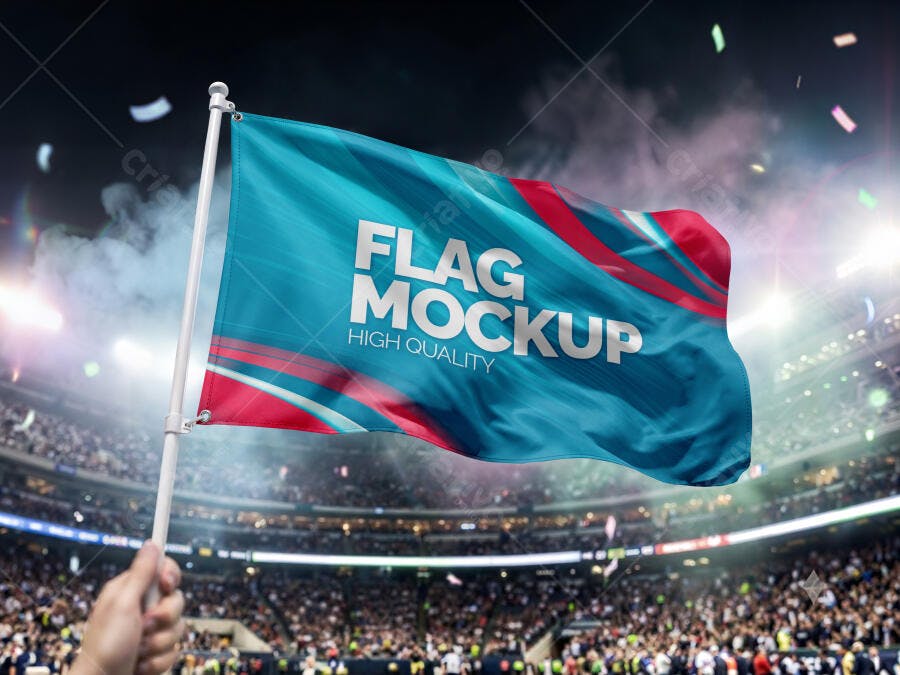 Mockup Bandeira Mãos Segurando Estádio Esportivo Editável