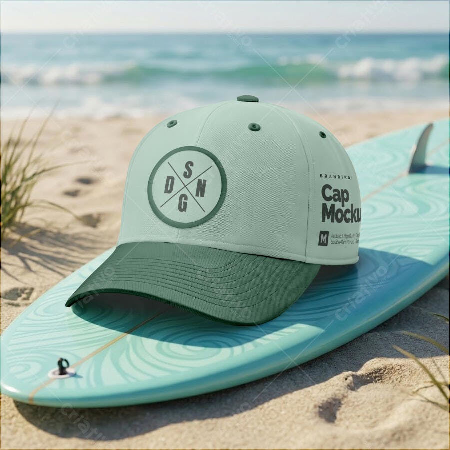 Mockup Boné na Prancha de Surf Praia Editável