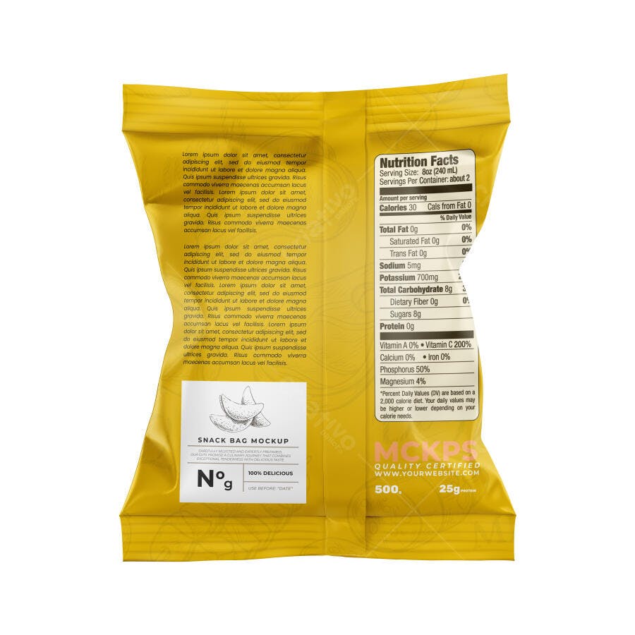 Mockup Embalagem de Salgadinho Plástico Amarelo Fundo Branco Editável