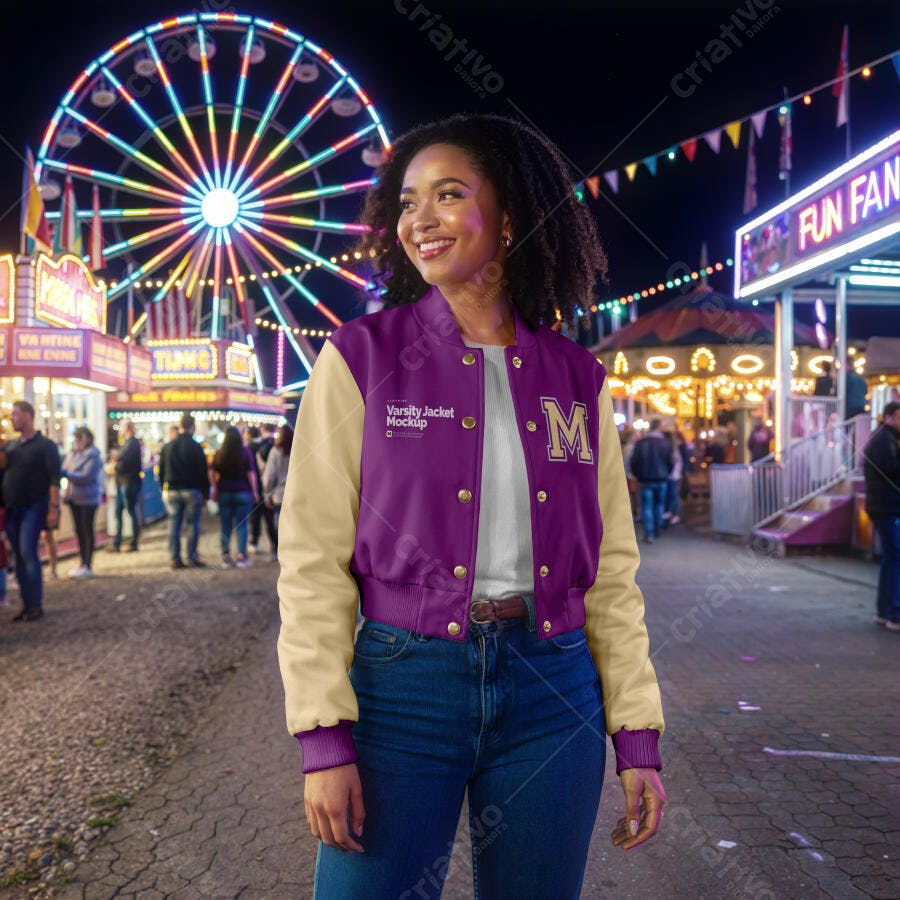 Mockup Jaqueta Varsity Feminina Roxo Creme Cenário Parque Editável