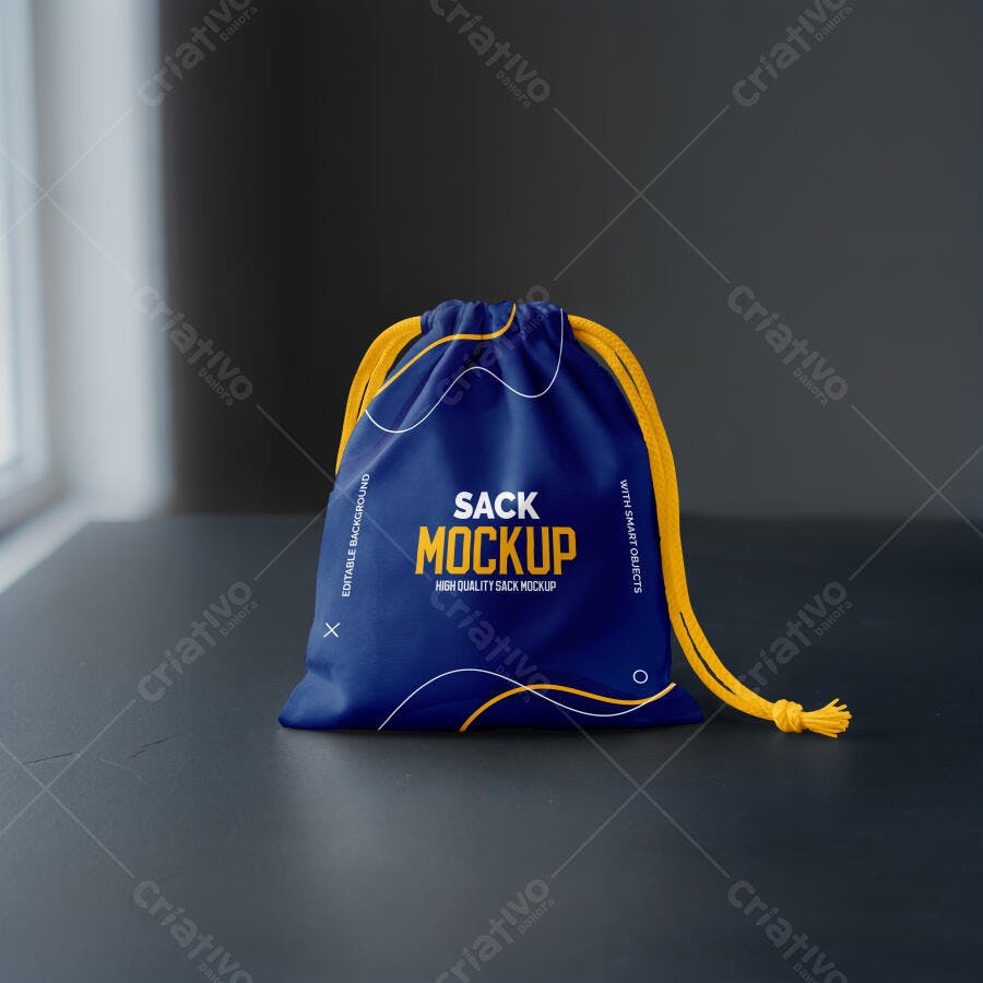 Mockup Saco de Tecido Azul com Cordão Amarelo Editável