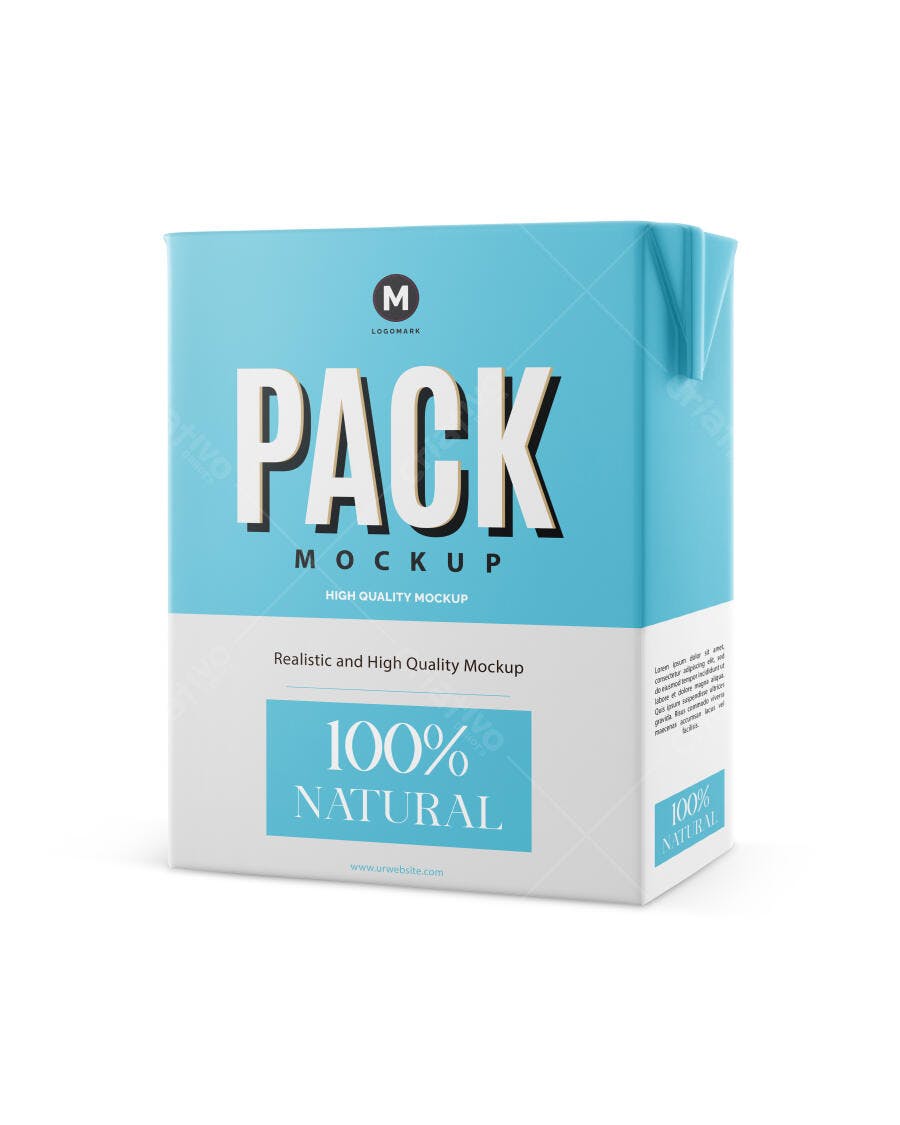 Mockup Embalagem Caixa Leite Suco Frente 3/4 Fundo Branco Editável