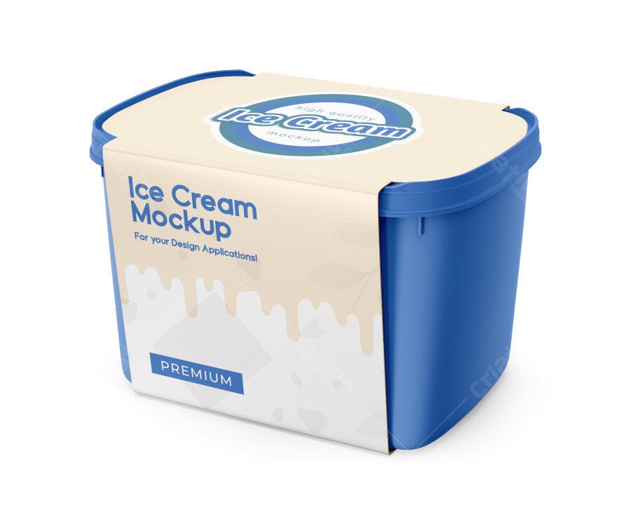 Mockup Embalagem Sorvete Plástico Azul 3/4 Editável
