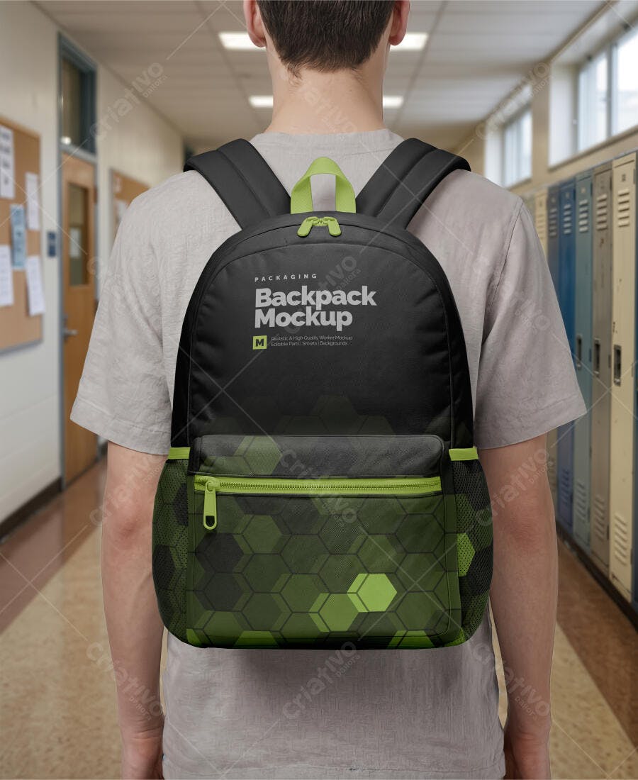 Mockup Mochila Escolar Costas Corredor Editável