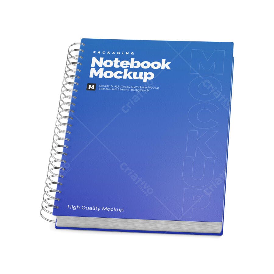 Mockup Notebook Espiral Capa Azul Fundo Branco Editável