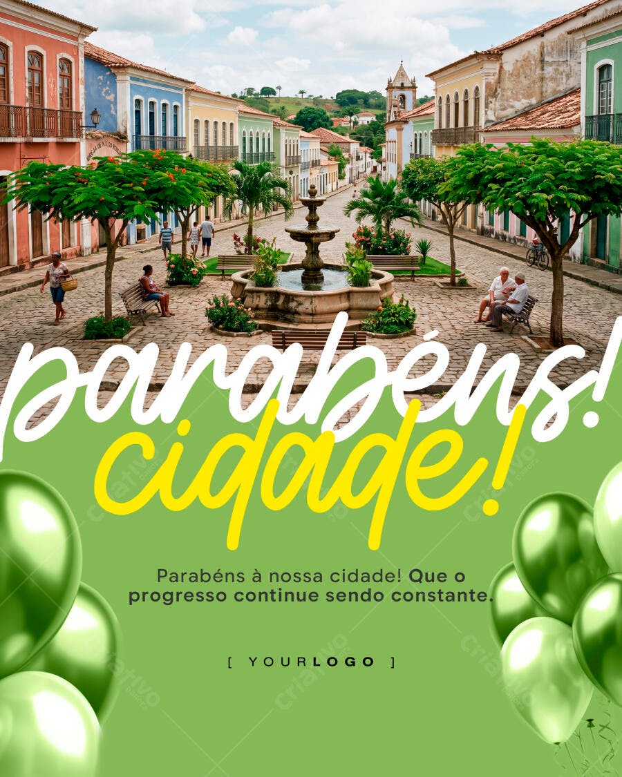Post Instagram Aniversário Cidade Balões Verdes PSD Editável