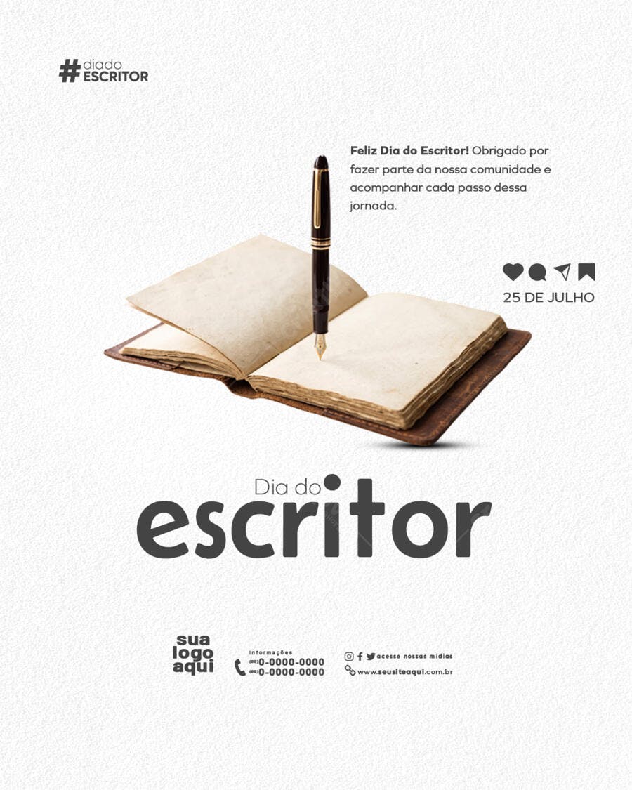 Post Instagram Dia do Escritor 25 de Julho PSD Editável