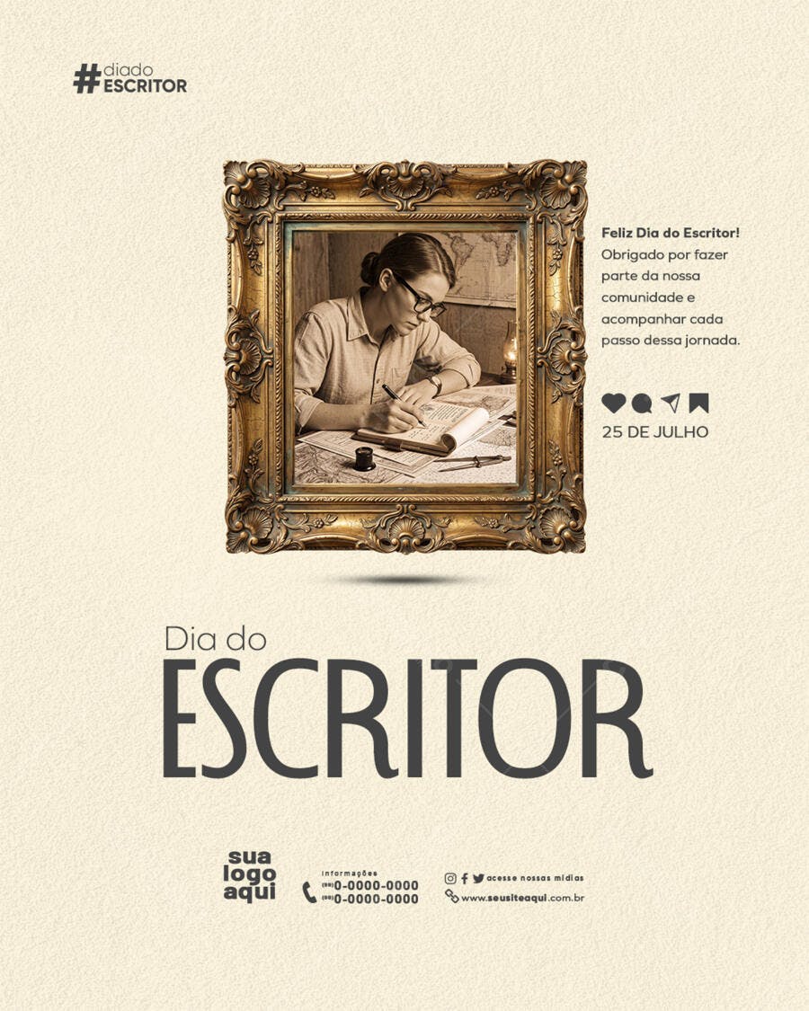 Post Instagram Dia do Escritor 25 de Julho PSD Editável