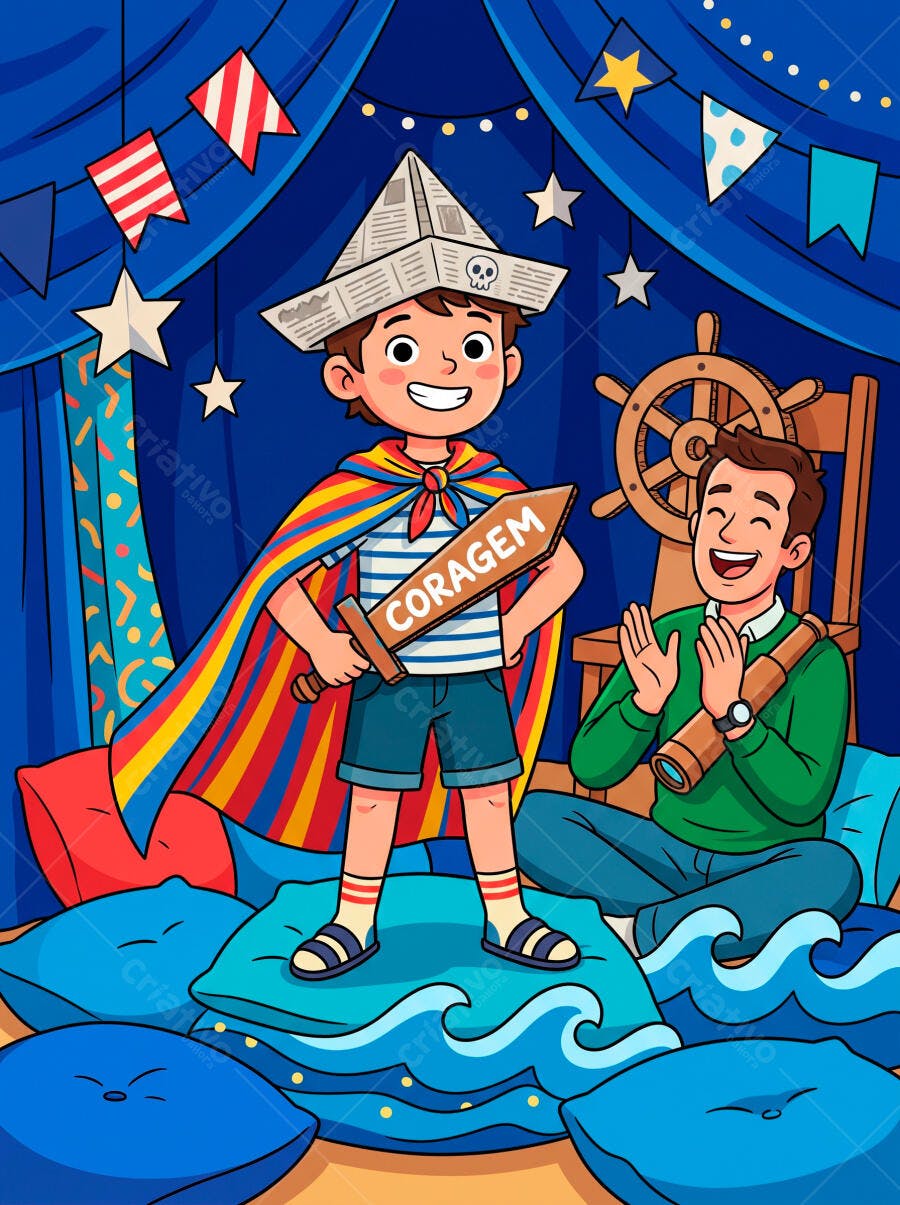 Ilustração Menino Fantasia Capitão Pai Brincando Aventura