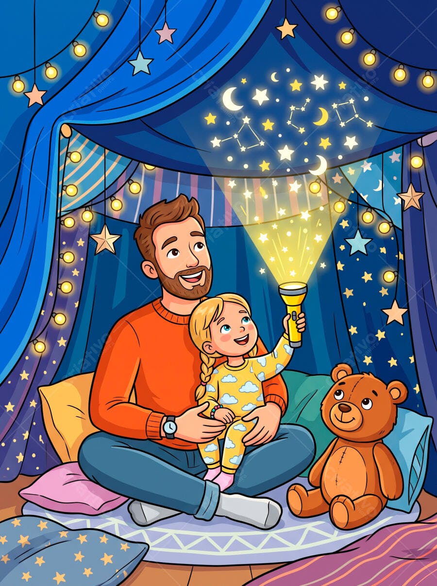 Pai e Filha Brincando com Lanterna em Cabana de Cobertor