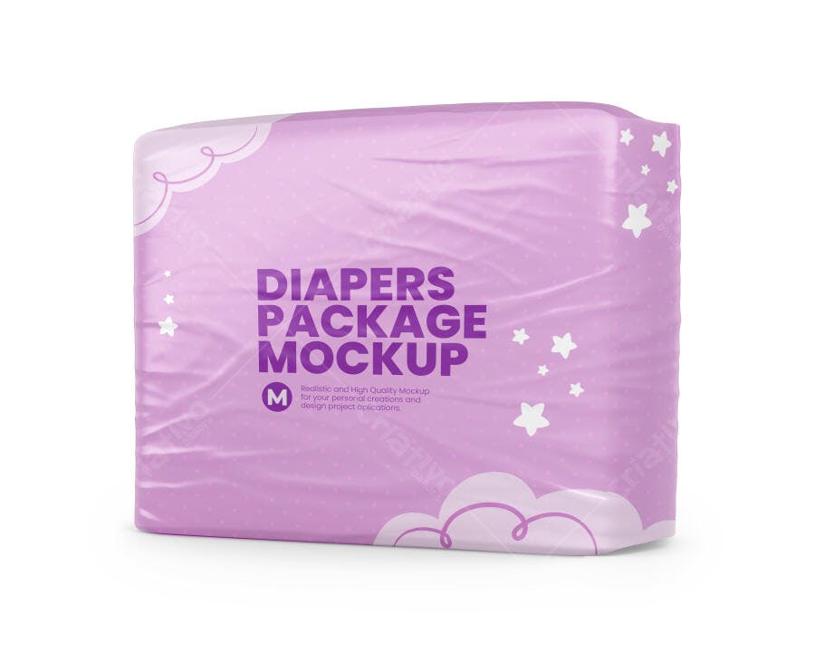 Mockup Pacote Fraldas Plástico Roxo Fundo Branco Editável