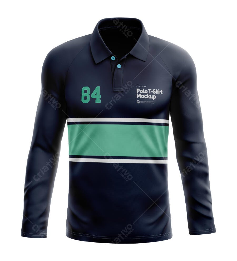 Mockup Camisa Polo Manga Longa Masculina Frente Fundo Branco Editável