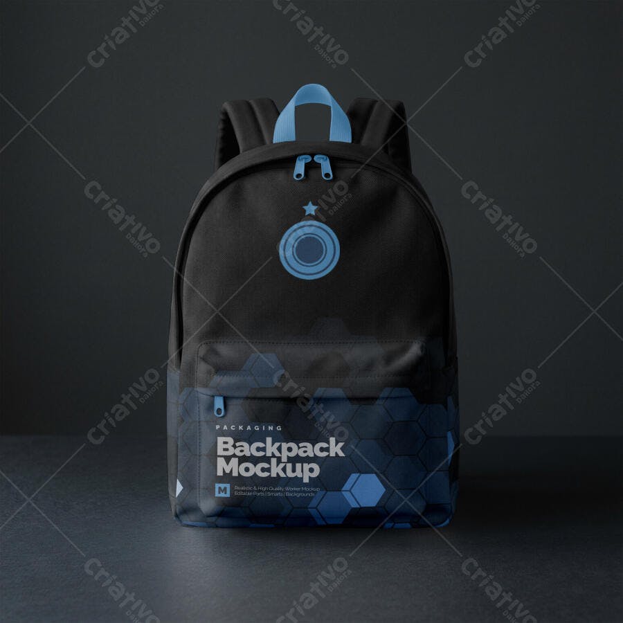 Mockup Mochila Escolar Preta Frontal Fundo Escuro Editável