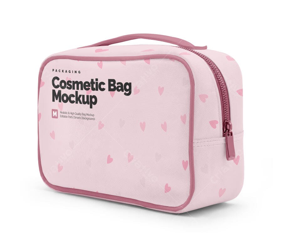 Mockup Necessaire Cosméticos Rosa 3/4 Fundo Branco Editável