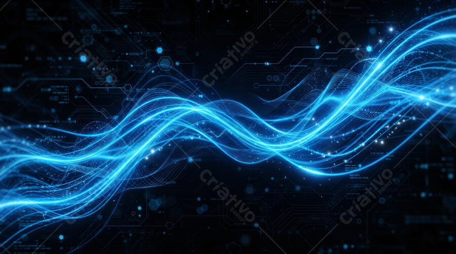 Foto Abstrata Ondas de Luz Azul Digital Fundo Escuro