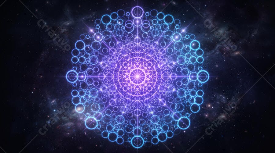 Mandala Geométrica Abstrata Neon Azul Roxa Espaço Sideral