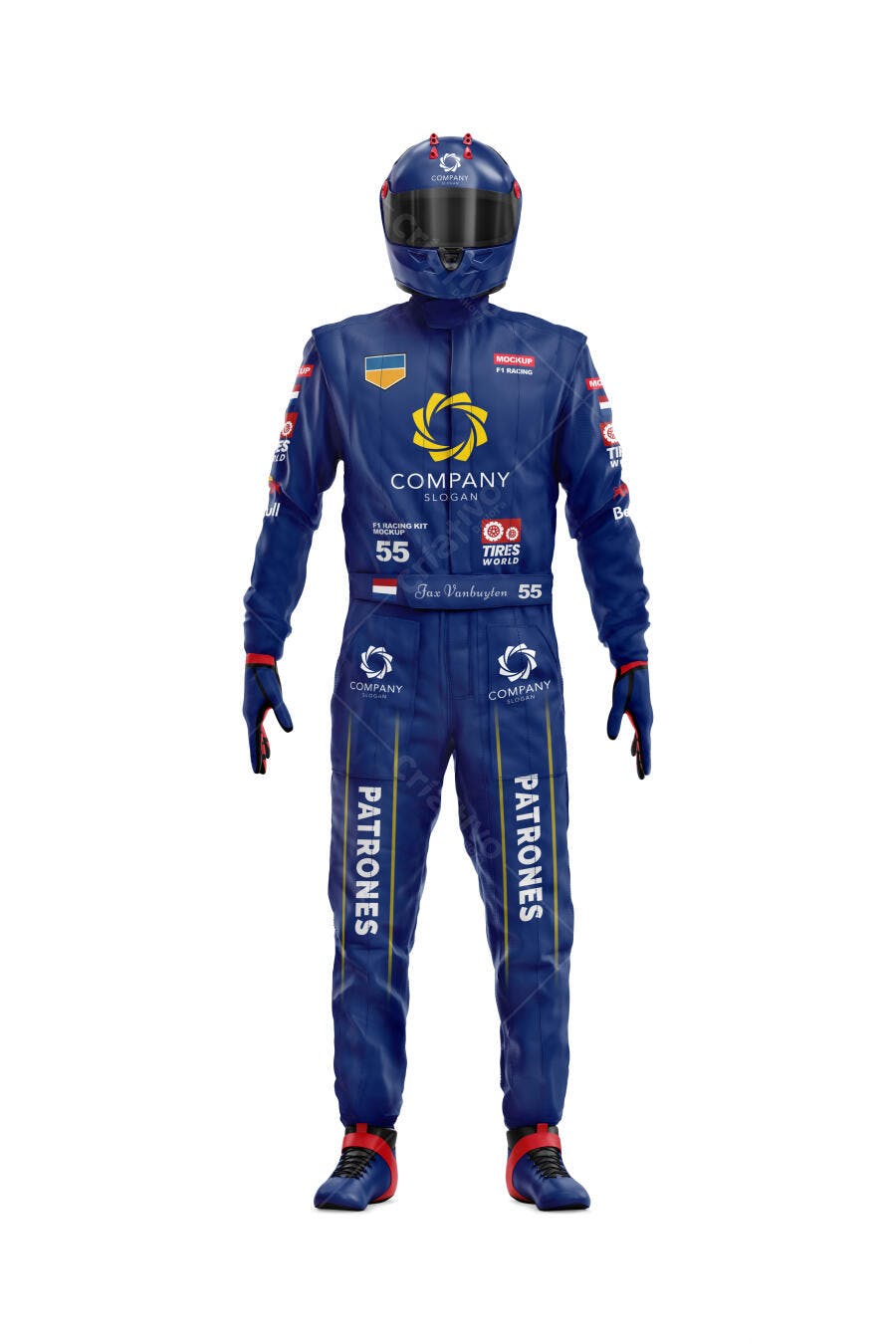 Mockup Macacão Piloto de Corrida Capacete Frontal Editável