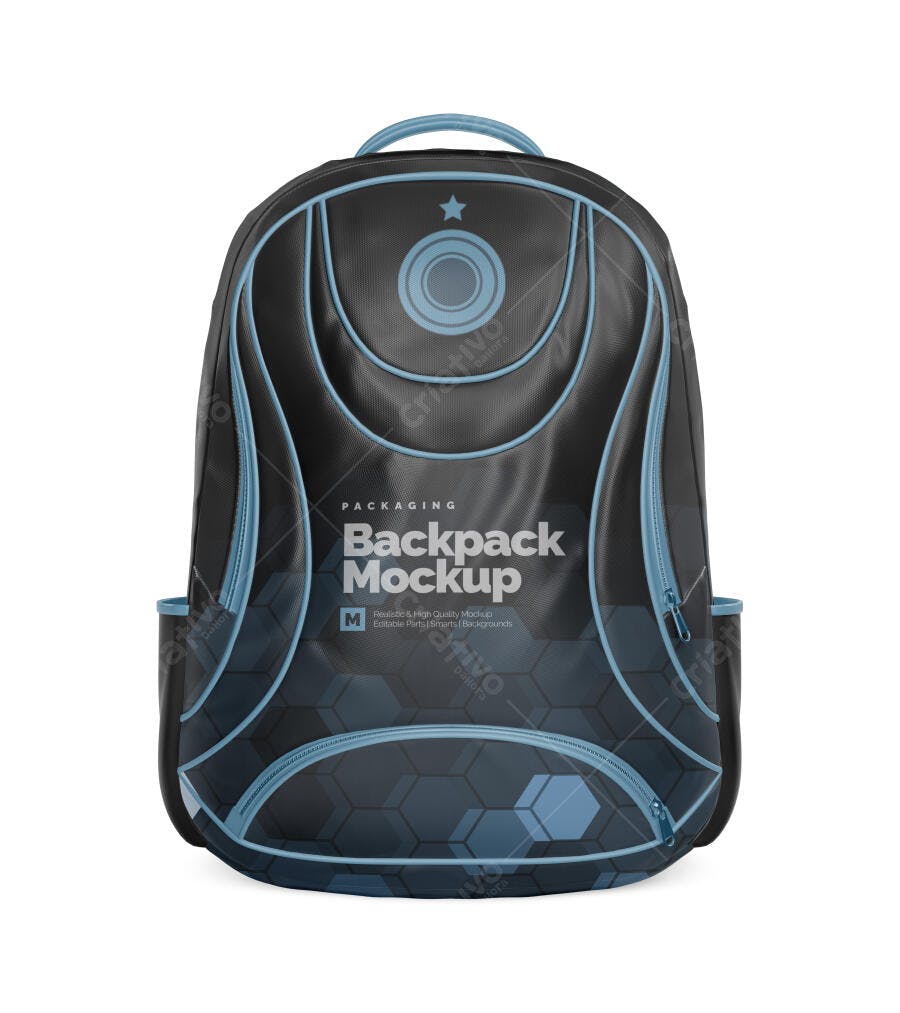 Mockup Mochila Escolar Preta e Azul Frontal Editável