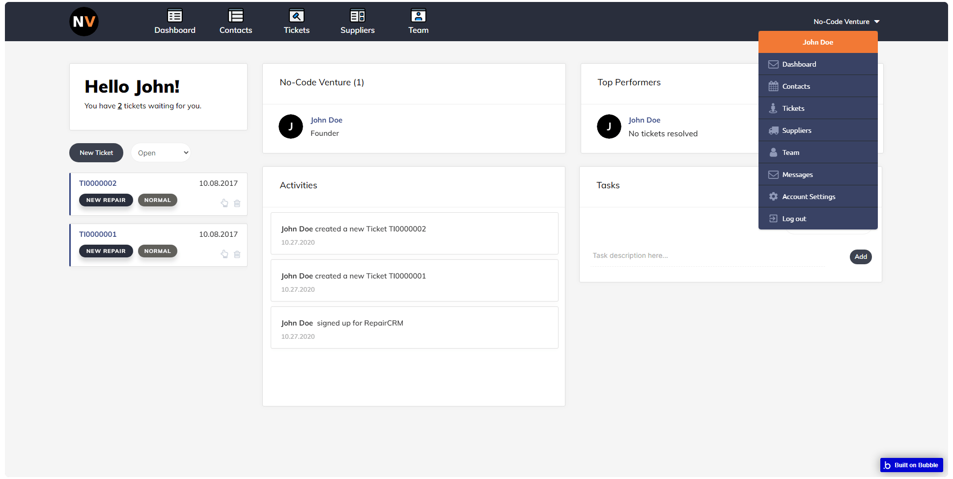 RepairCRM Ticket Tracking CRM Template Bubble
